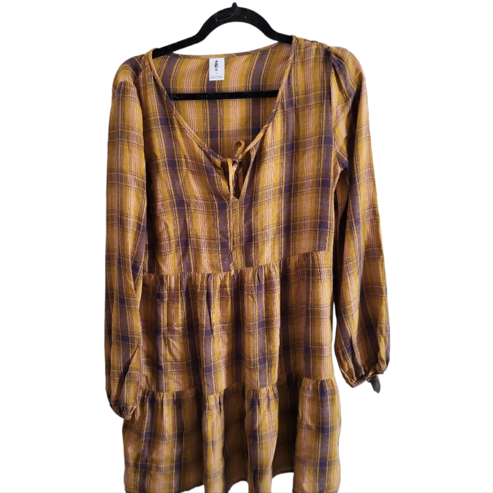 Abound Mustard Yellow Plaid Print Tiered Dress Long Sleeve NWOT Size S